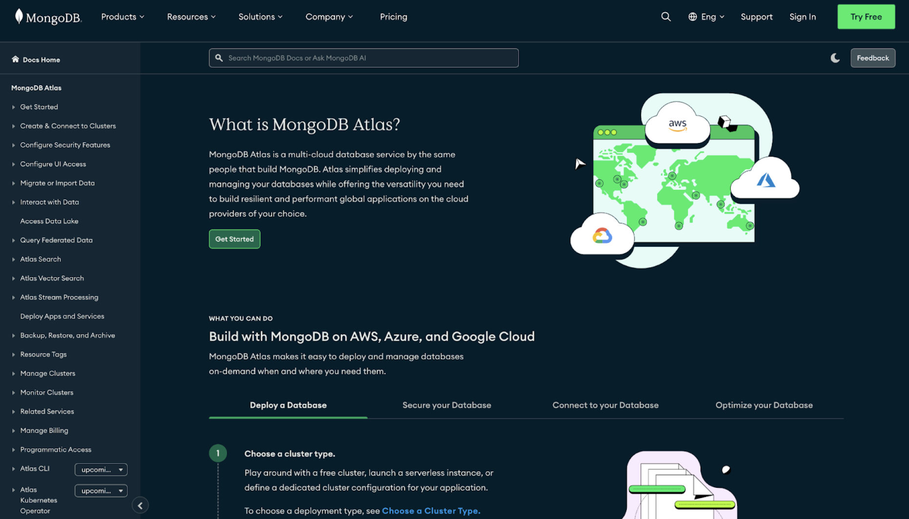 Screenshot of the MongoDB documentation platform in dark mode